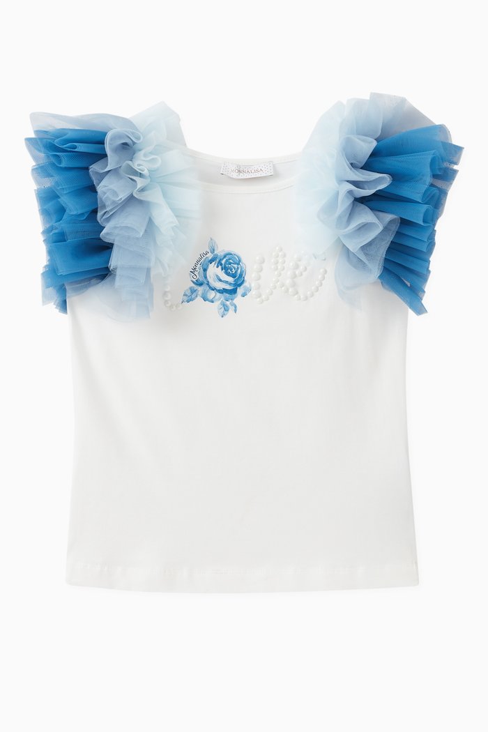 Ruffled Pearl T-shirt in Cotton, Blue