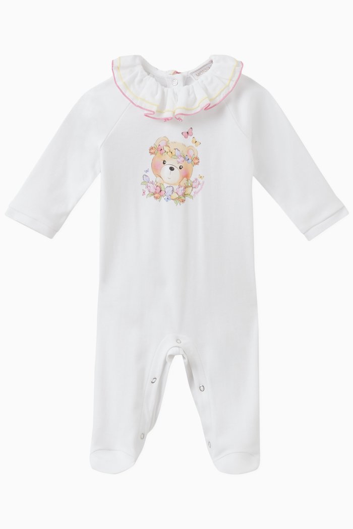 

Teddy Print Sleepsuit in Cotton, White