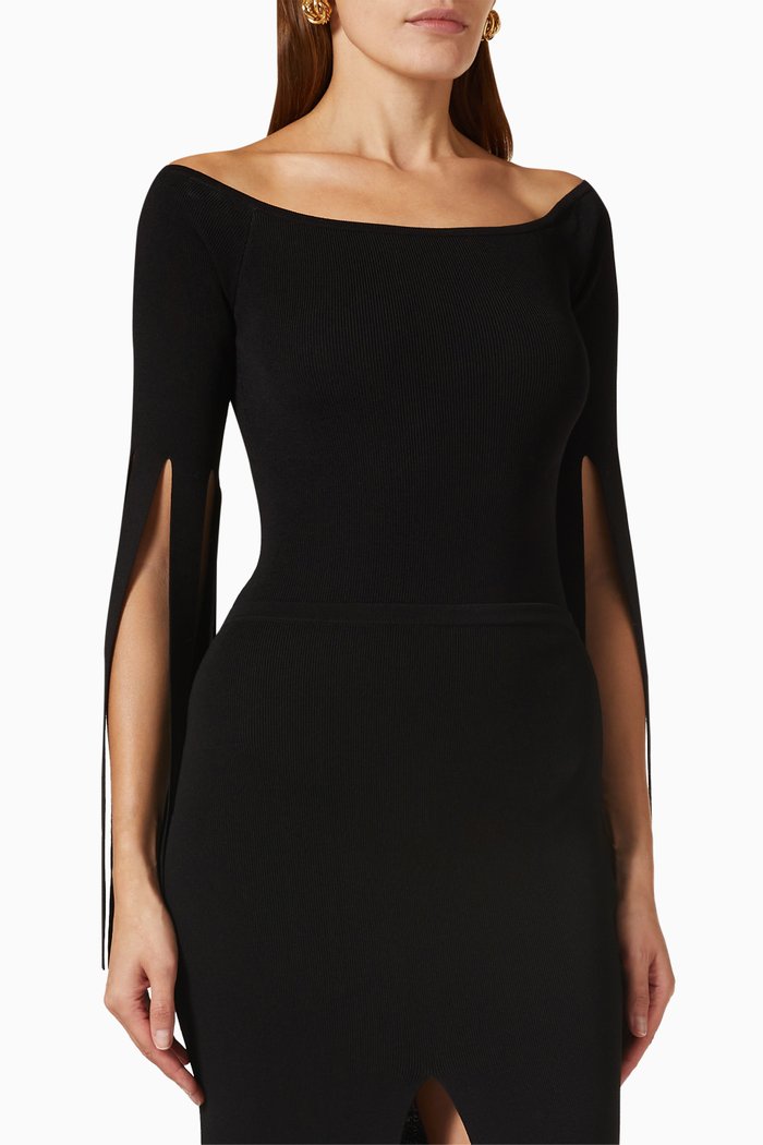

Off-shoulder Sleeve Pleats Panelled Top, Black