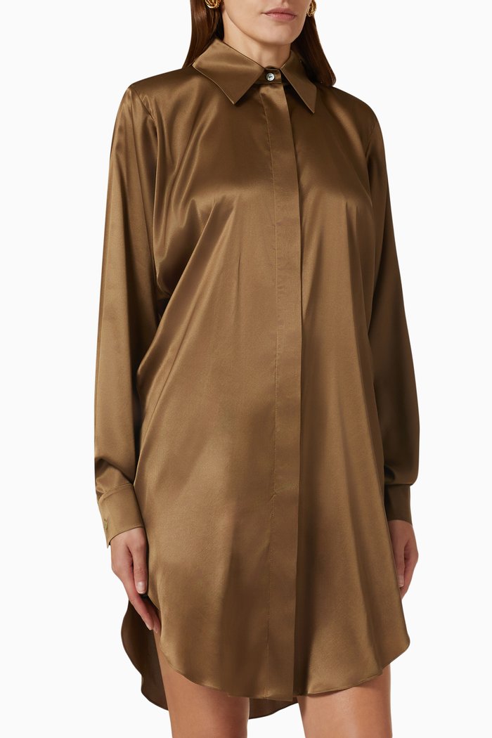 

Mini Shirt Dress in Satin, Brown