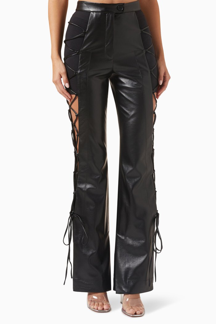 

Lace-up High-waist Pants in Faux-leather, Black