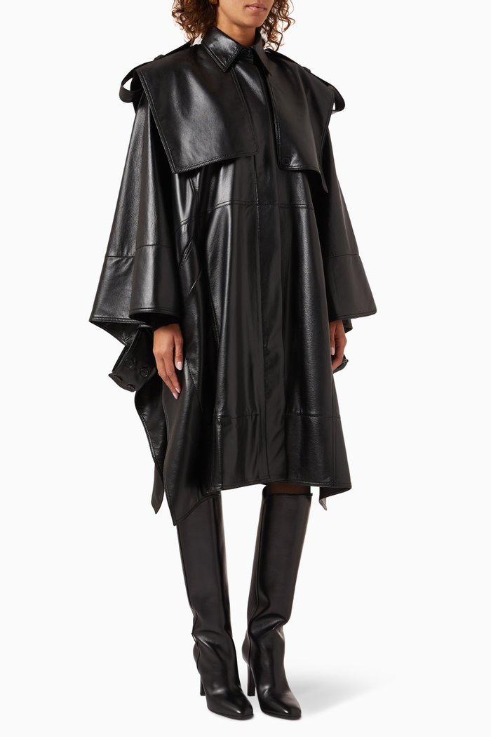 

Panelled Trench Coat in Faux-leather, Black