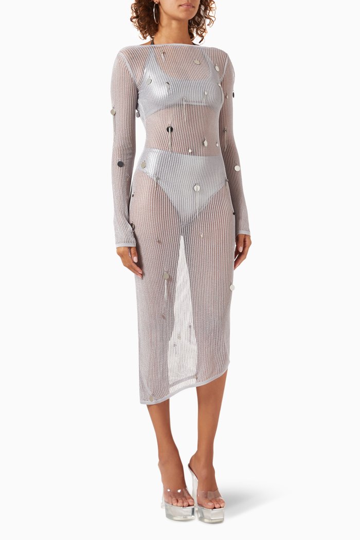 

Sheer Embellished Midi Dress in Mesh, Silver