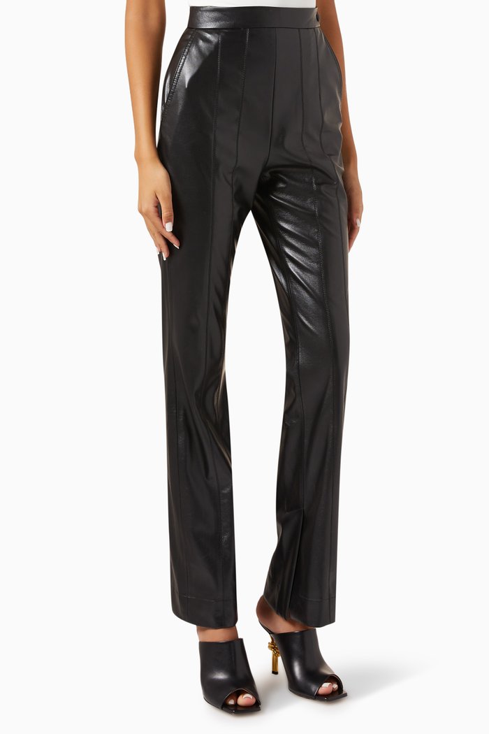 

High-waist Double-stitched Pants in Faux-leather, Black