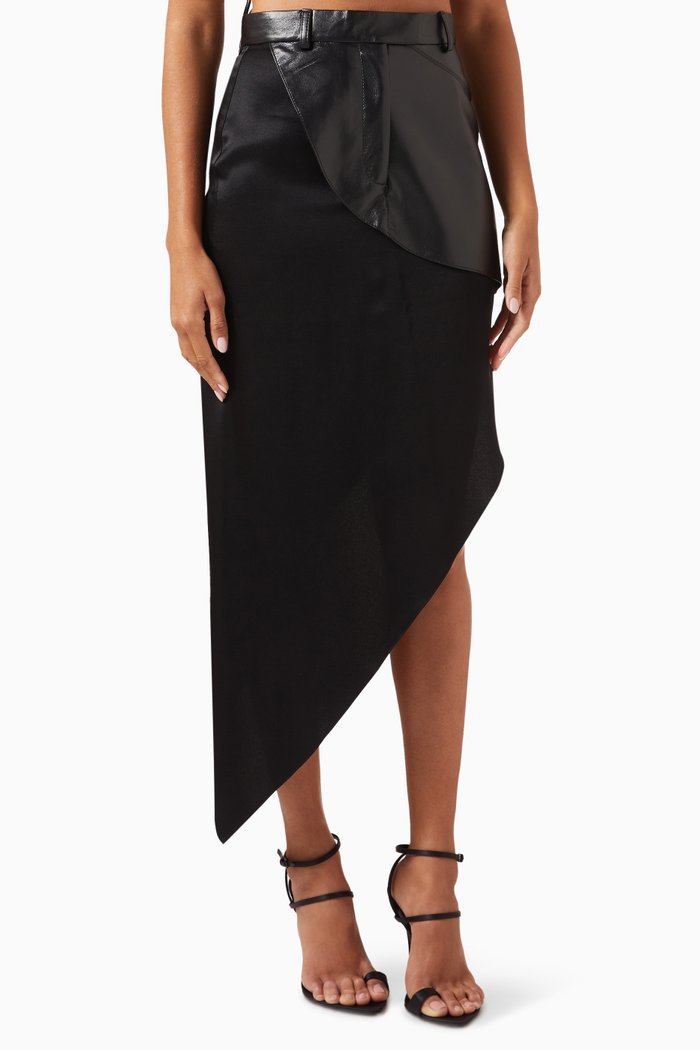 

Diagonal-cut Midi Skirt in Faux-leather & Rayon-blend, Black