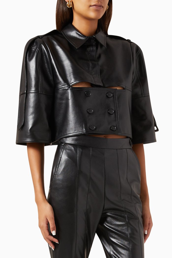

Cut-out Mini Crop Jacket in Faux-leather, Black
