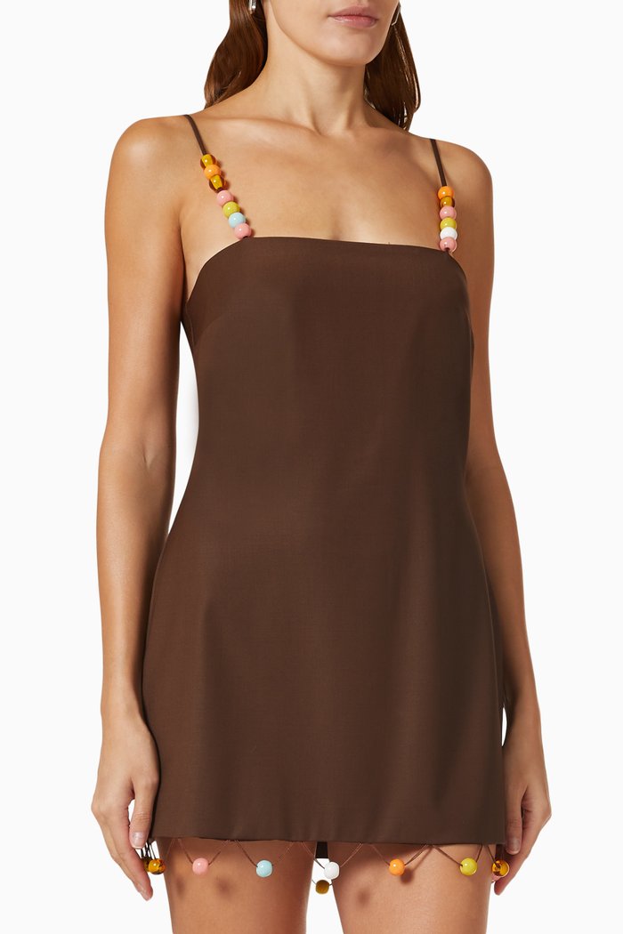 

River Beaded Mini Dress in Woven-fabric, Brown