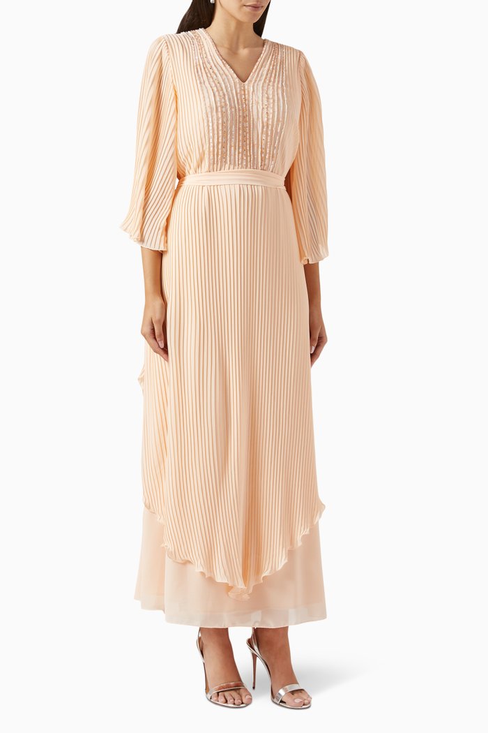 

Embellished V-neck Maxi Dress in Plissé & Chiffon, Pink