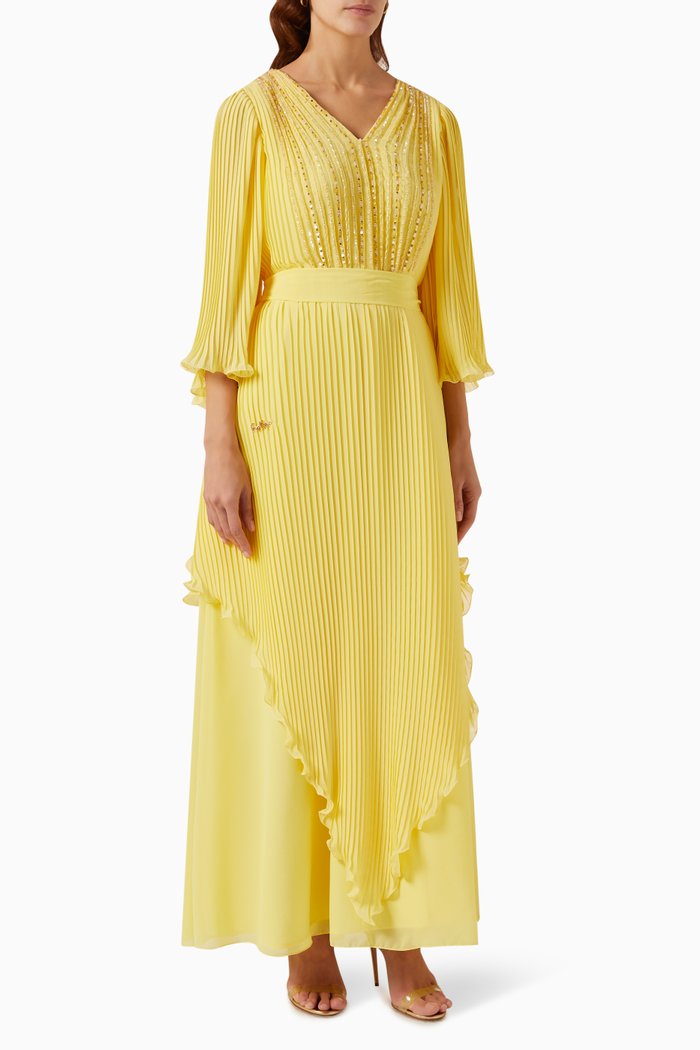 

Embellished V-neck Maxi Dress in Plissé & Chiffon, Yellow