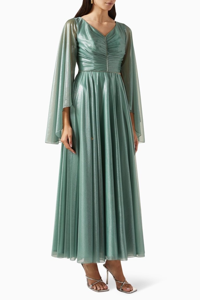 

Cape-sleeve Ruched Maxi Dress in Glittered Chiffon, Green
