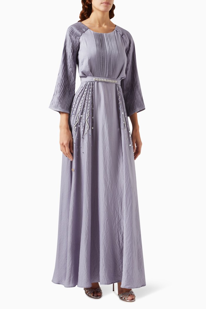

Embellished Pleated Maxi Dress in Crepe, Purple
