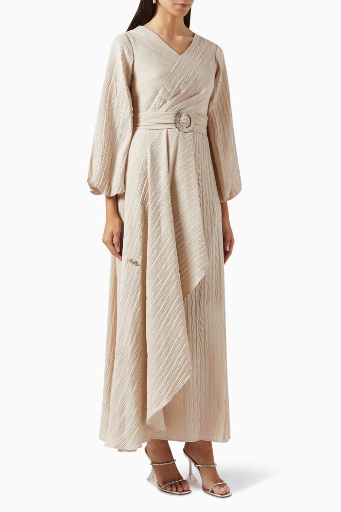 

Belted Maxi Dress in Plissé Chiffon, Neutral