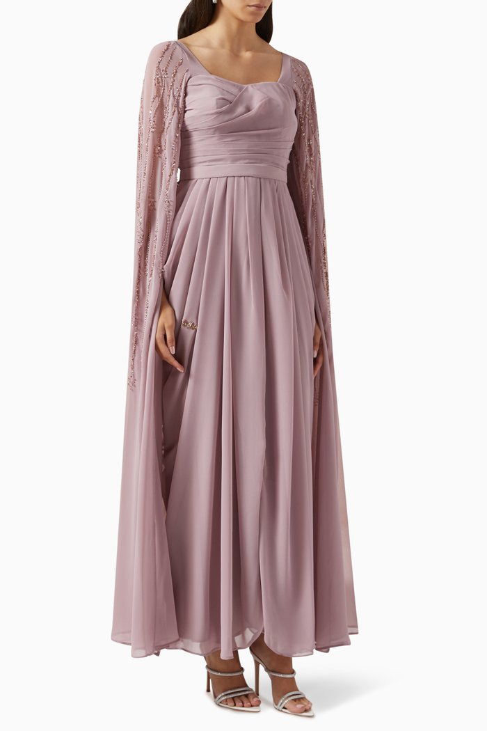

Embellished Cape Sleeve Gown in Chiffon, Neutral