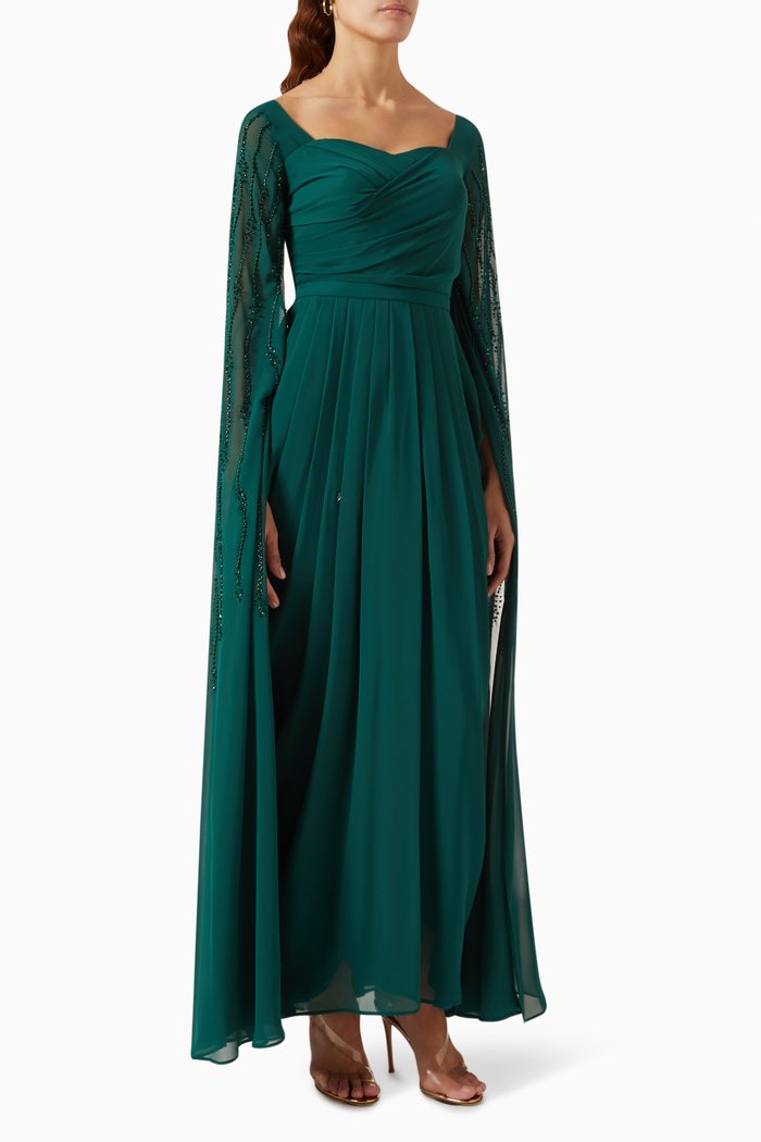 

Embellished Cape Sleeve Gown in Chiffon, Green