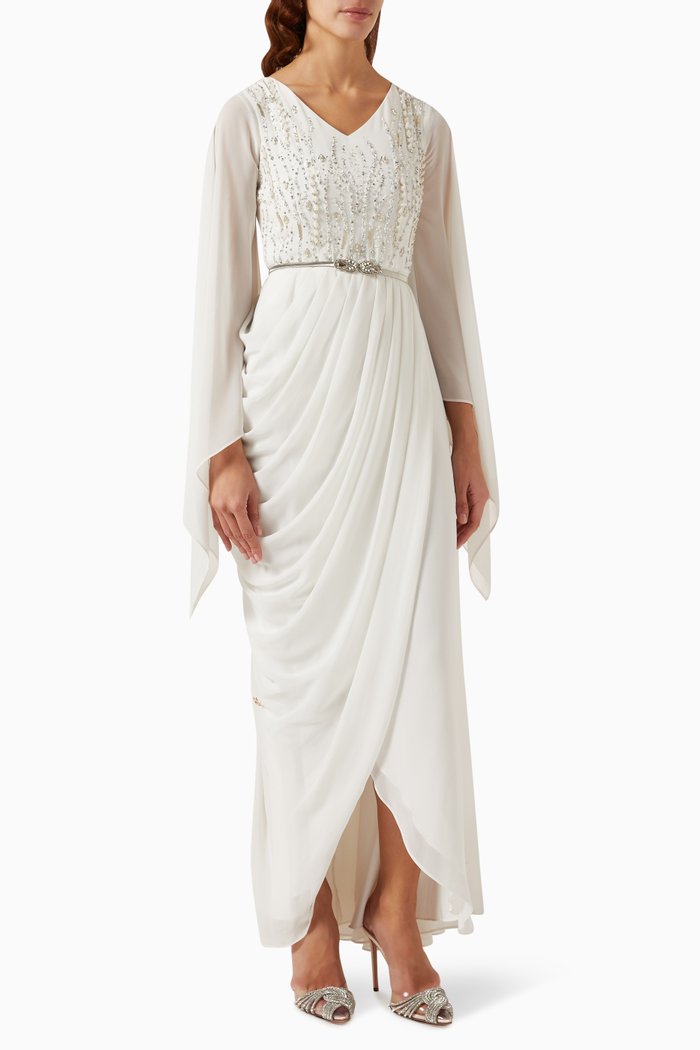 

Belted Draped Maxi Dress in Chiffon, White