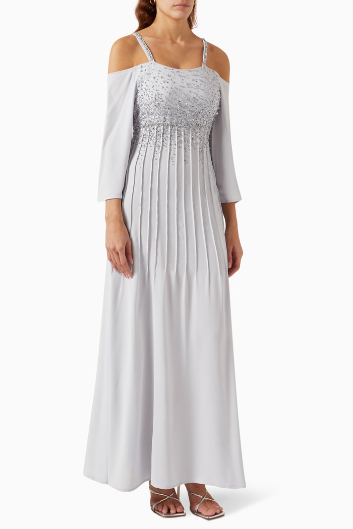 

Embellished Off-shoulder Maxi Dress in Chiffon, Grey
