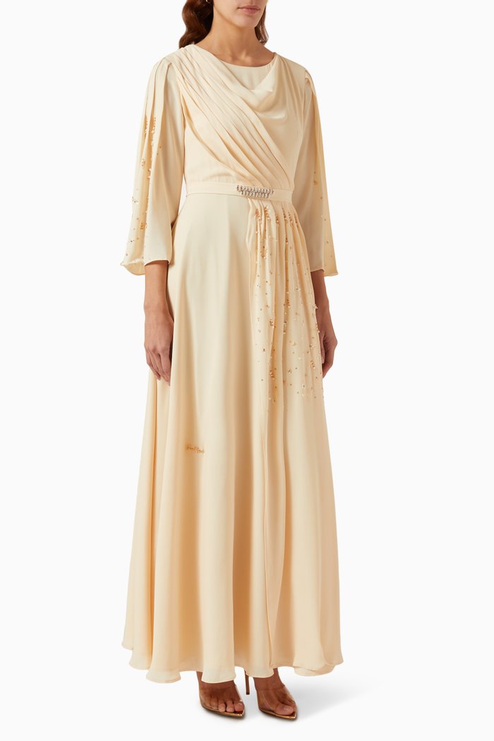 

Draped Embellished Maxi Dress in Chiffon, Neutral