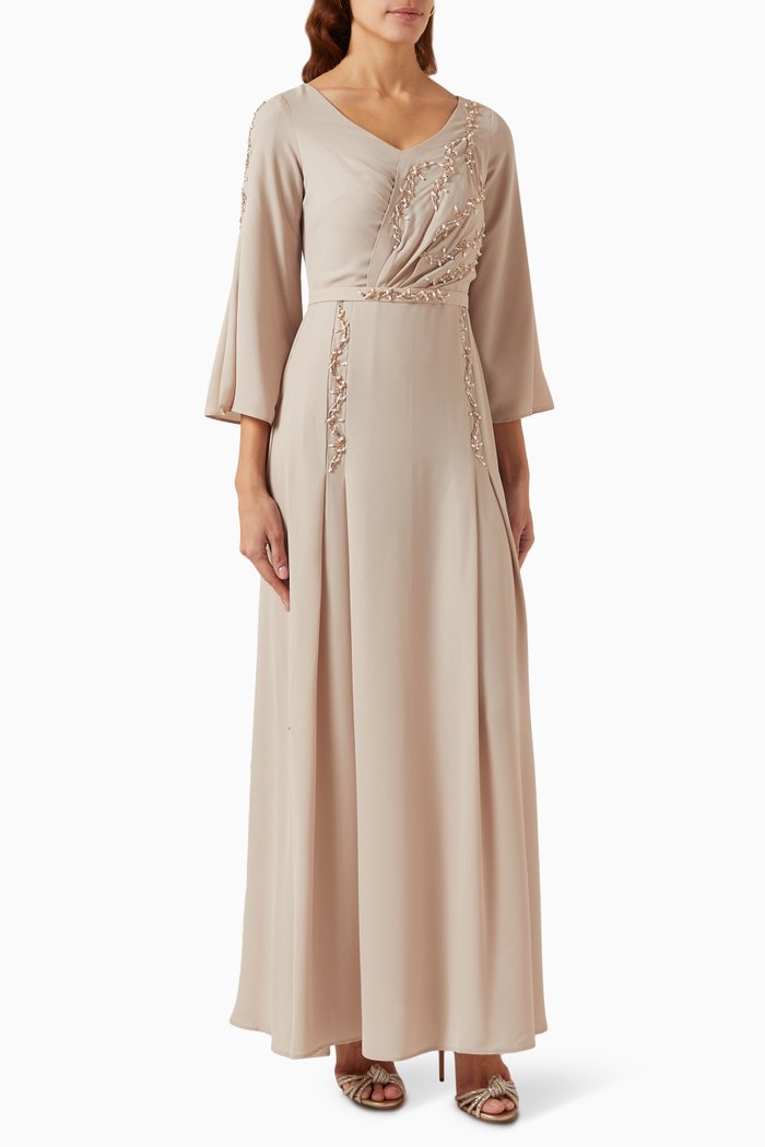 

V-neck Embellished Maxi Dress in Chiffon, Neutral