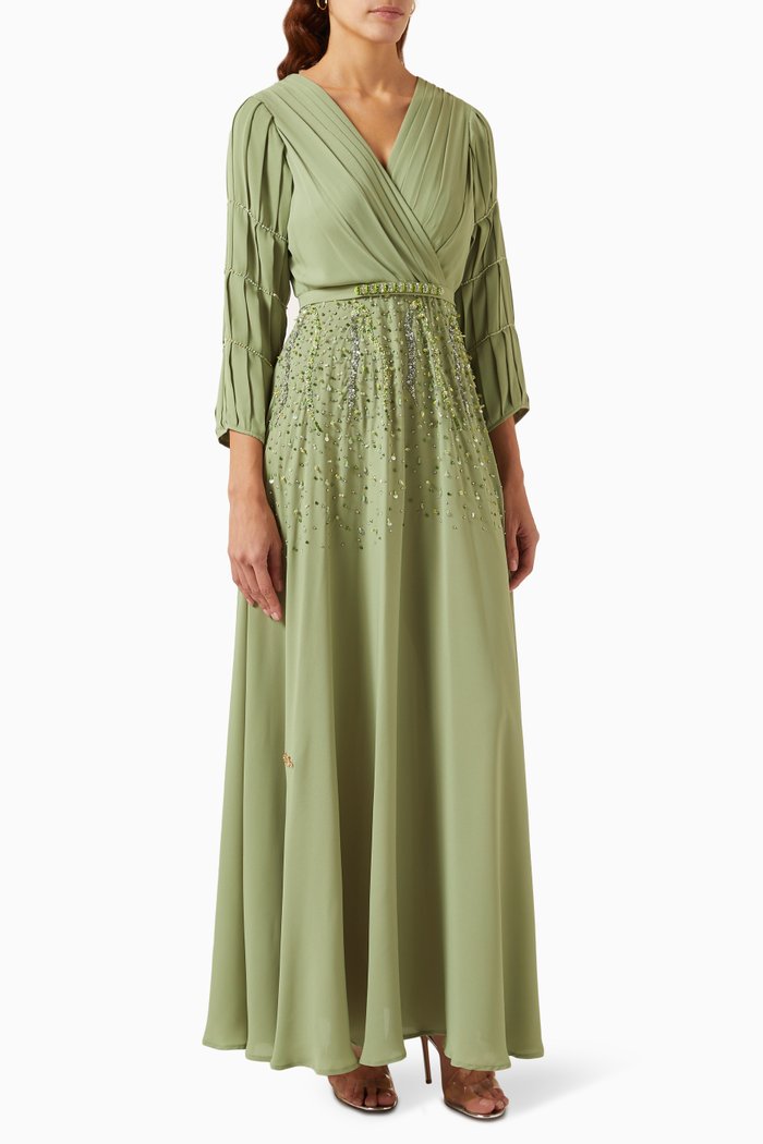 

V-neck Embellished Maxi Dress in Chiffon, Green