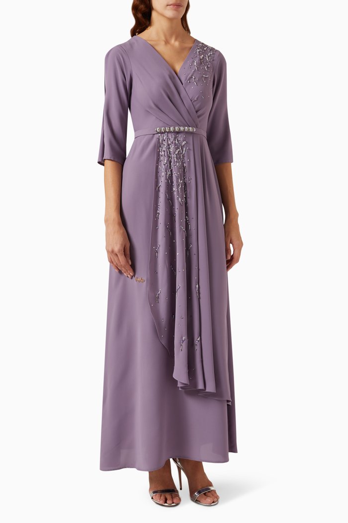Draped Embellished Maxi Dress in Chiffon, Purple