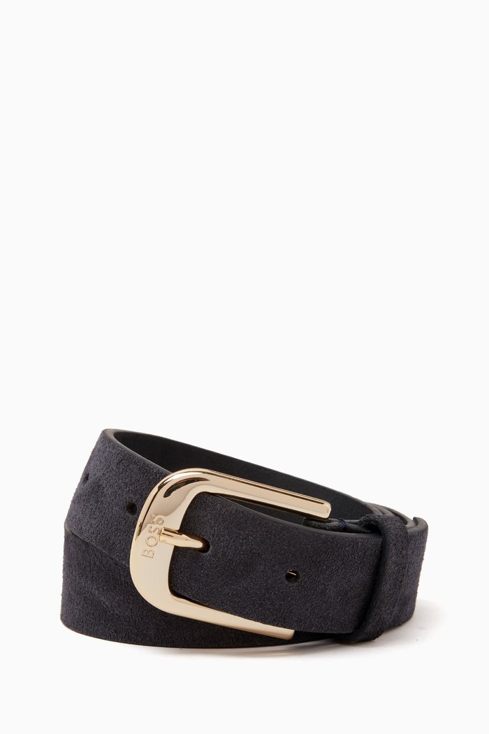 

Logo Engraved Buckle Belt in Suede, Blue