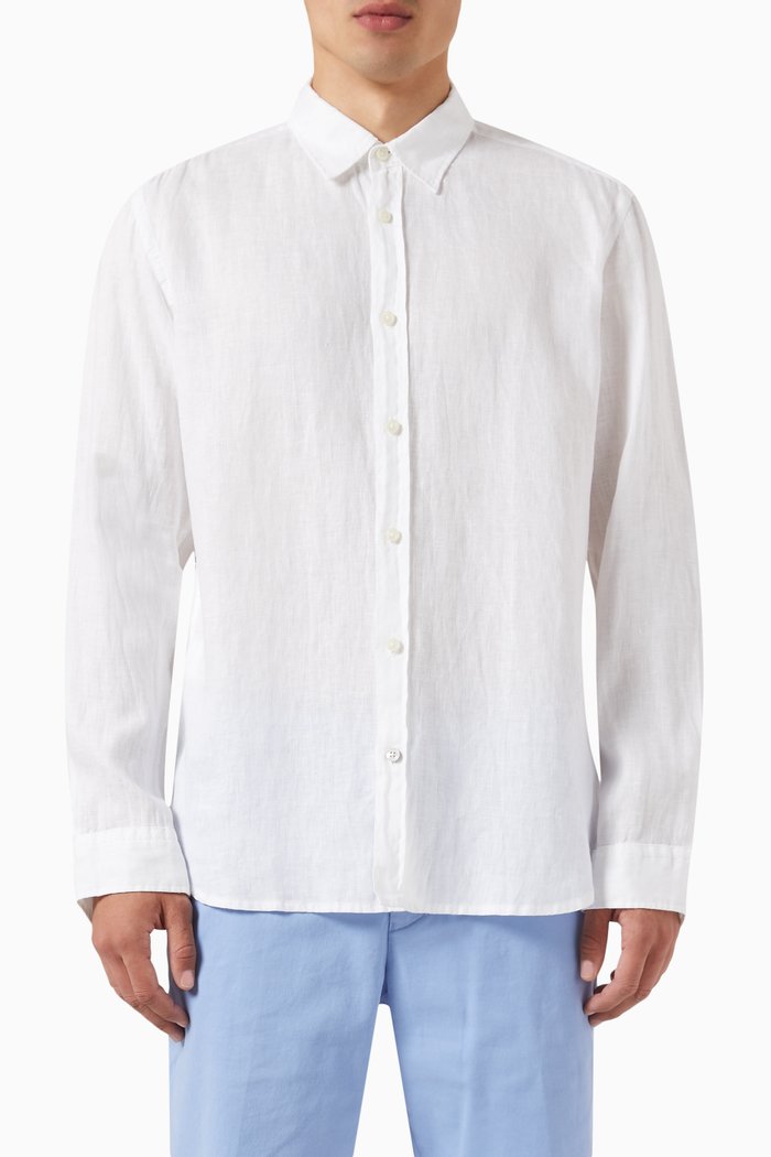 

Long Sleeved Camp Collar Shirt in Linen, White
