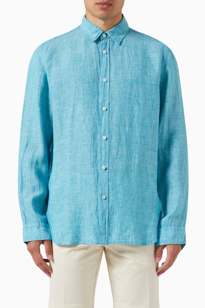 

Long Sleeved Camp Collar Shirt in Linen, Blue