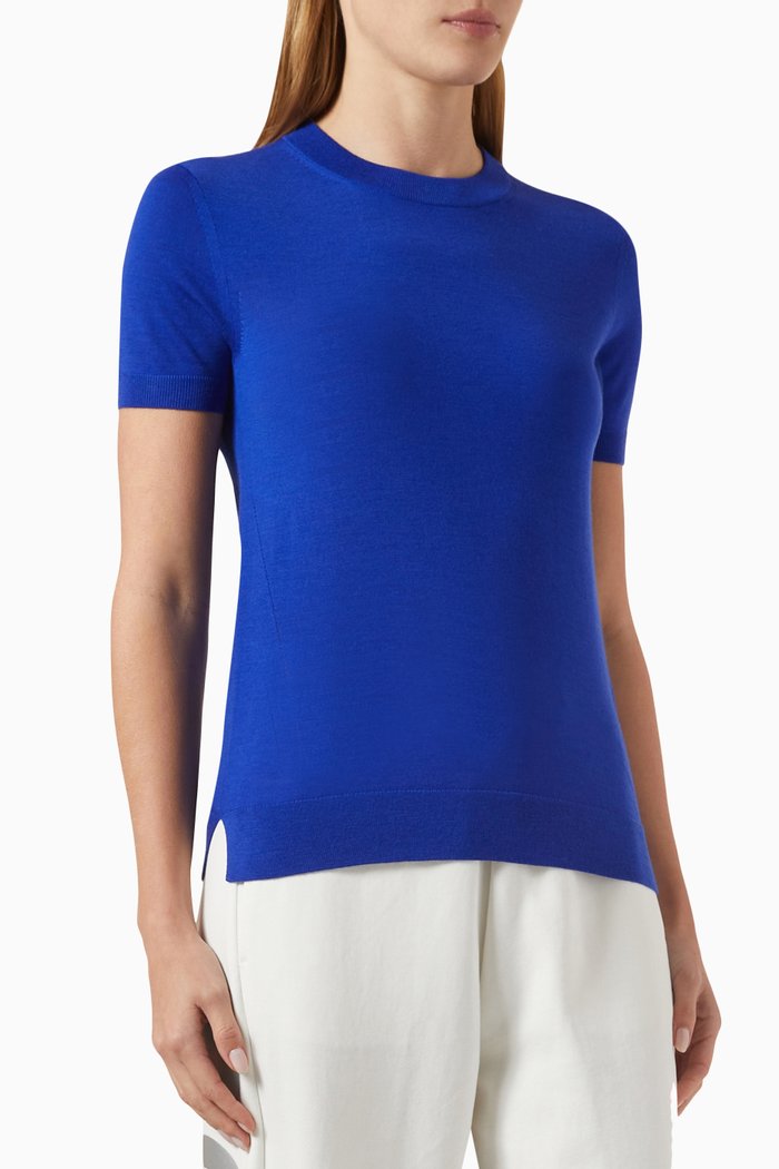 

Logo Short Sleeved Sweater in Virgin Wool, Blue