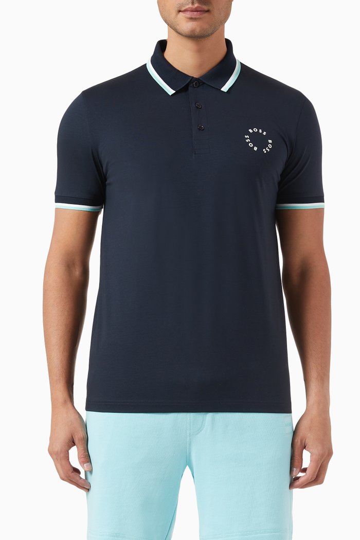 

Logo Print Polo Shirt in Cotton Stretch, Blue