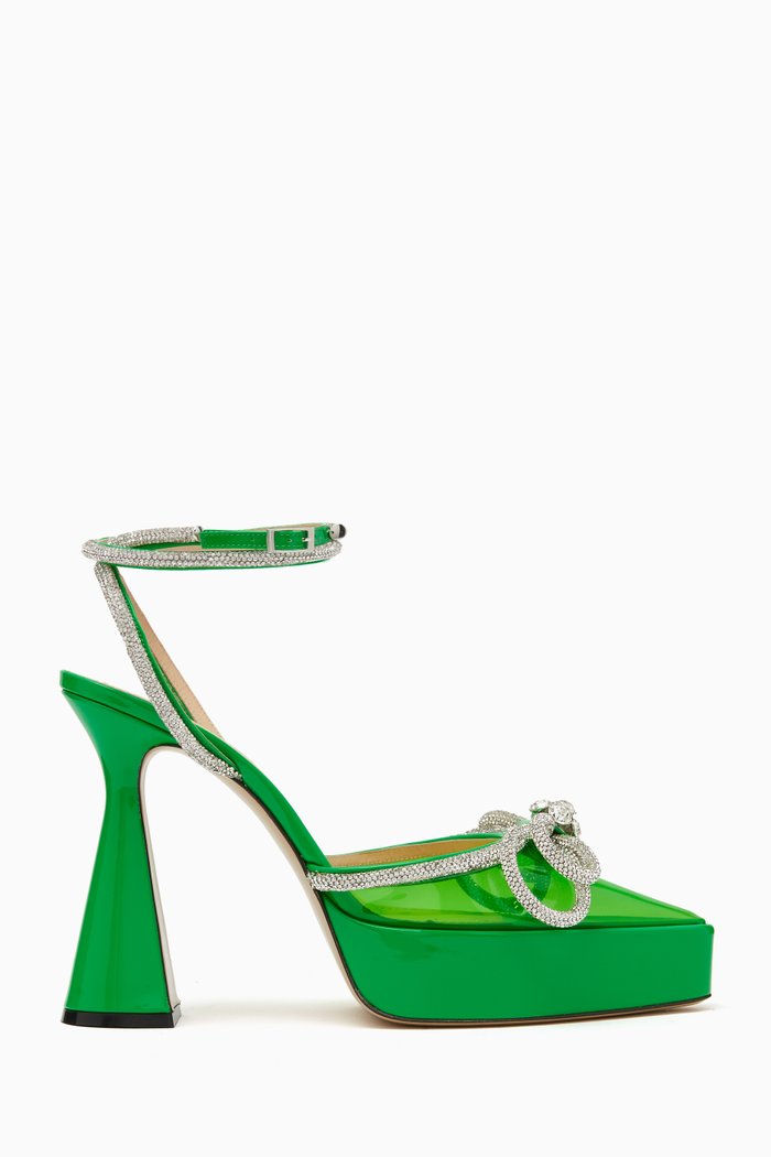 

140 Double Bow Crystal-embellished Platform Pumps in PVC and Leather, Green