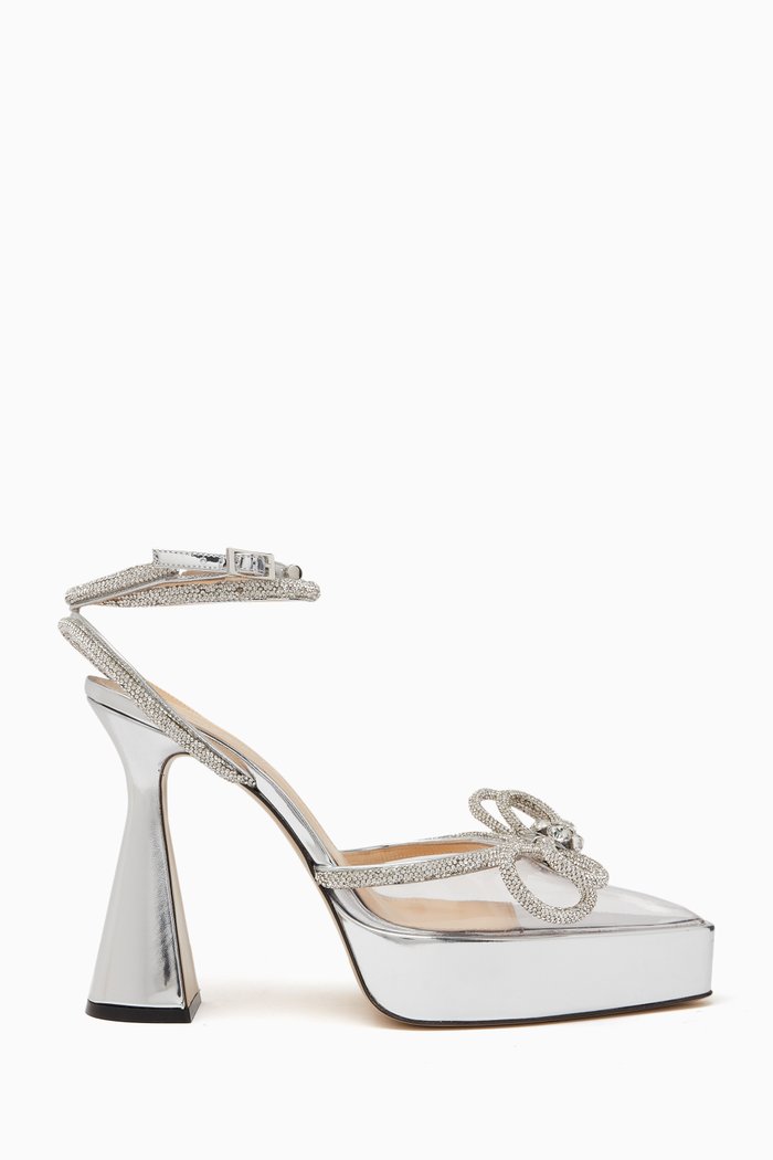 140 Double Bow Crystal-embellished Platform Pumps in PVC, Silver