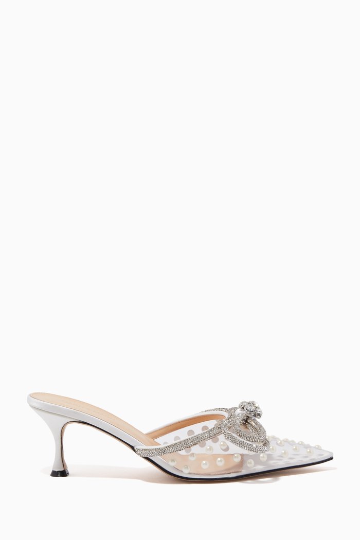 

Double Bow Crystal 65 Pearl Mules in PVC, White