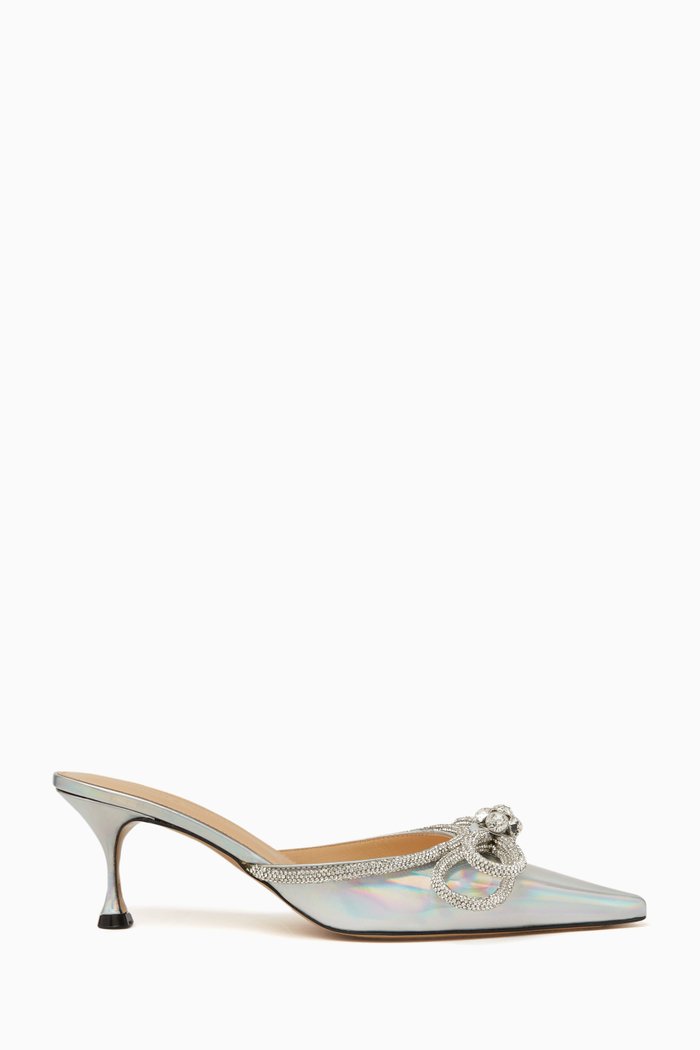 

Double Bow Crystal 65 Mules in Iridescent Leather, Silver