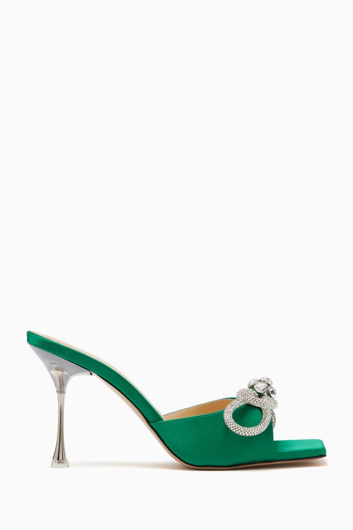 

95 Double Bow Crystal-embellished Mules in Satin & Leather, Green