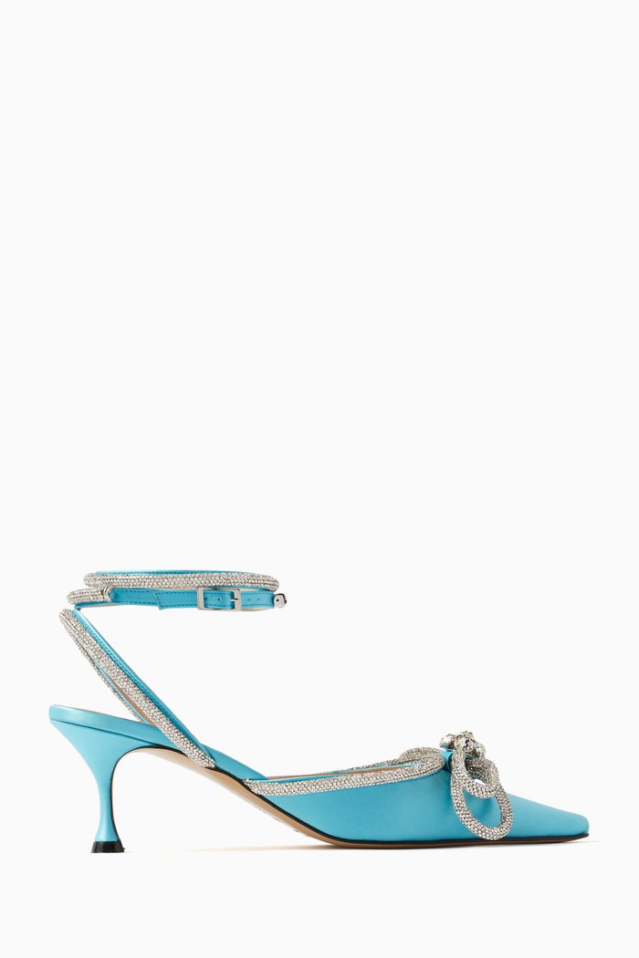 Double Bow Crystal 65 Pumps in Satin, Blue