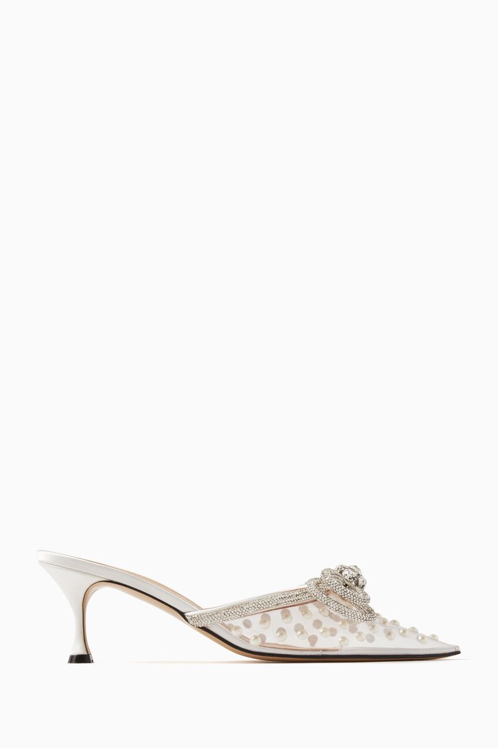 

Double Bow Crystal 65 Mules in Pearl PVC, Silver