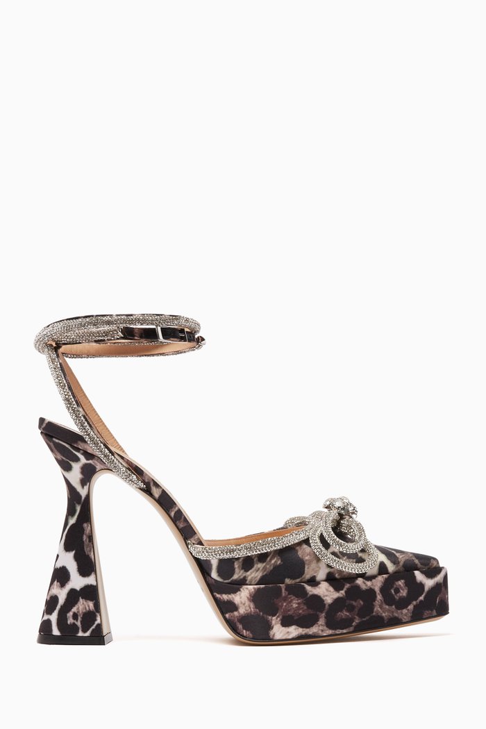 

Double Bow Crystal 140 Platform Pumps in Leopard-print Satin, Neutral
