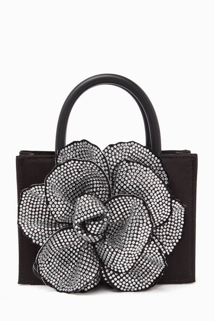 Crystal Flower Mini Tote Bag in Satin, Black