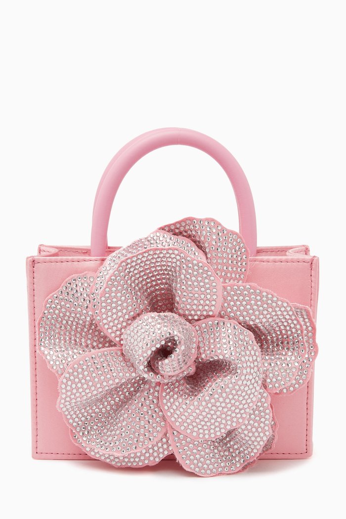 

Crystal Flower Mini Tote Bag in Satin, Pink