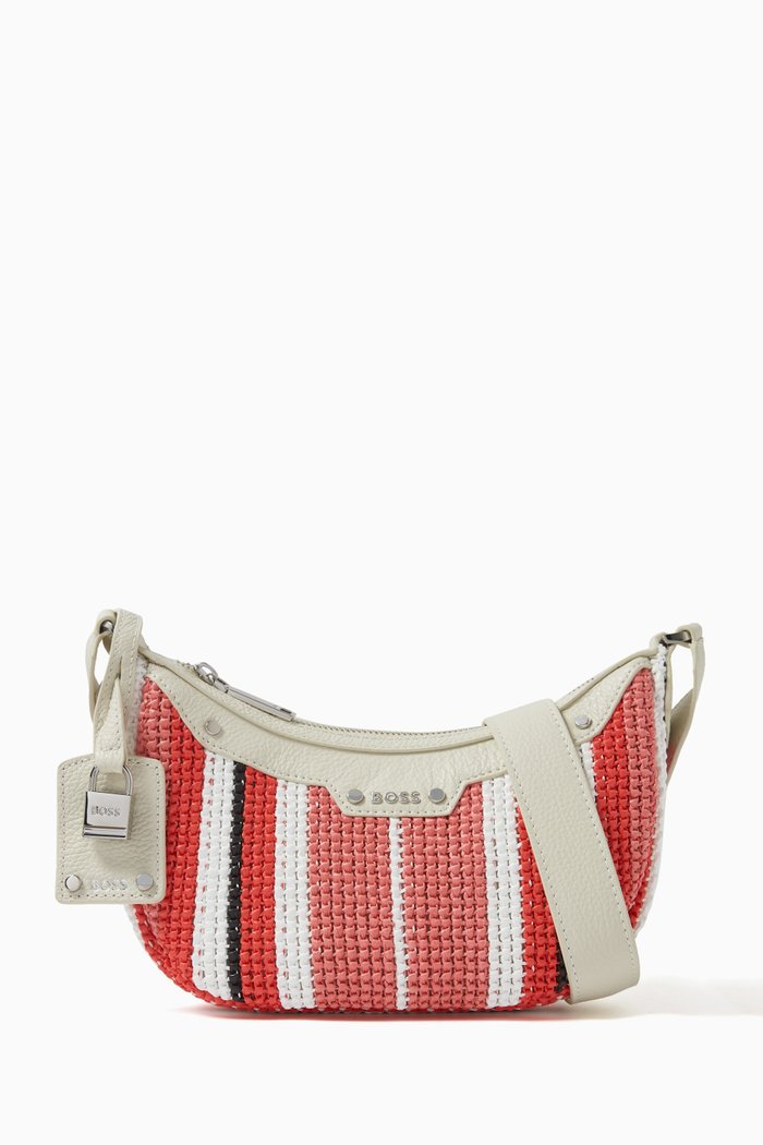 

Small Ivy Striped Zip Shoulder Bag in Raffia, Pink