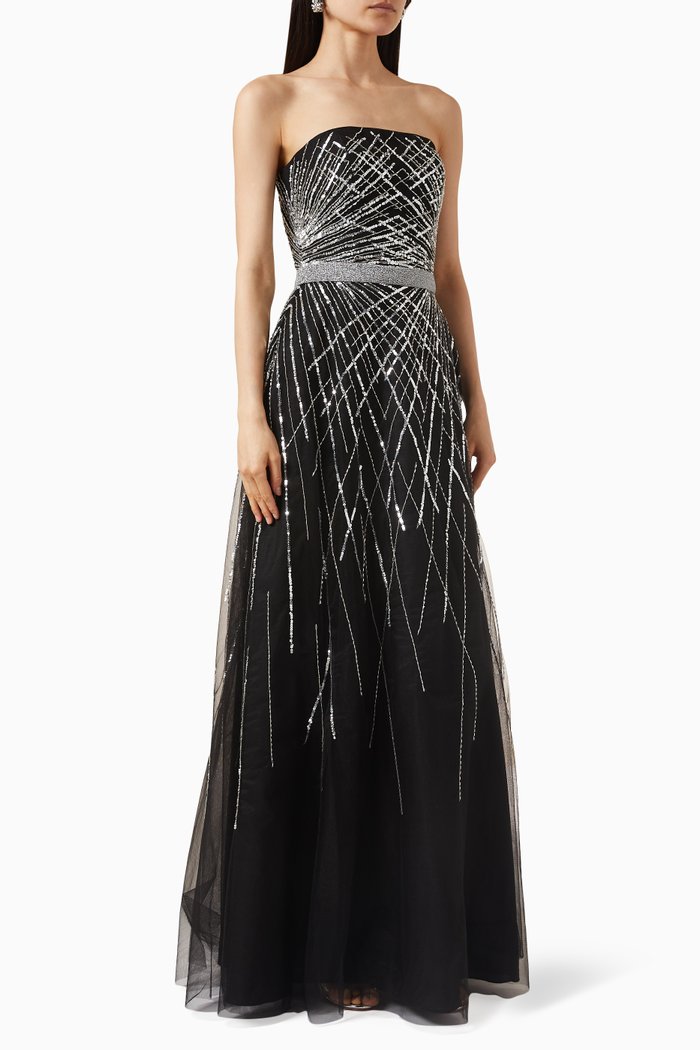 

Strapless Embellished Gown in Tulle, Black