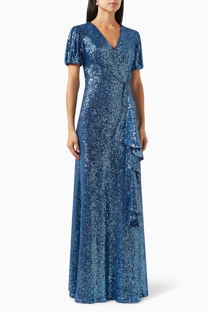 

Sequin-embellished Draped Gown, Blue