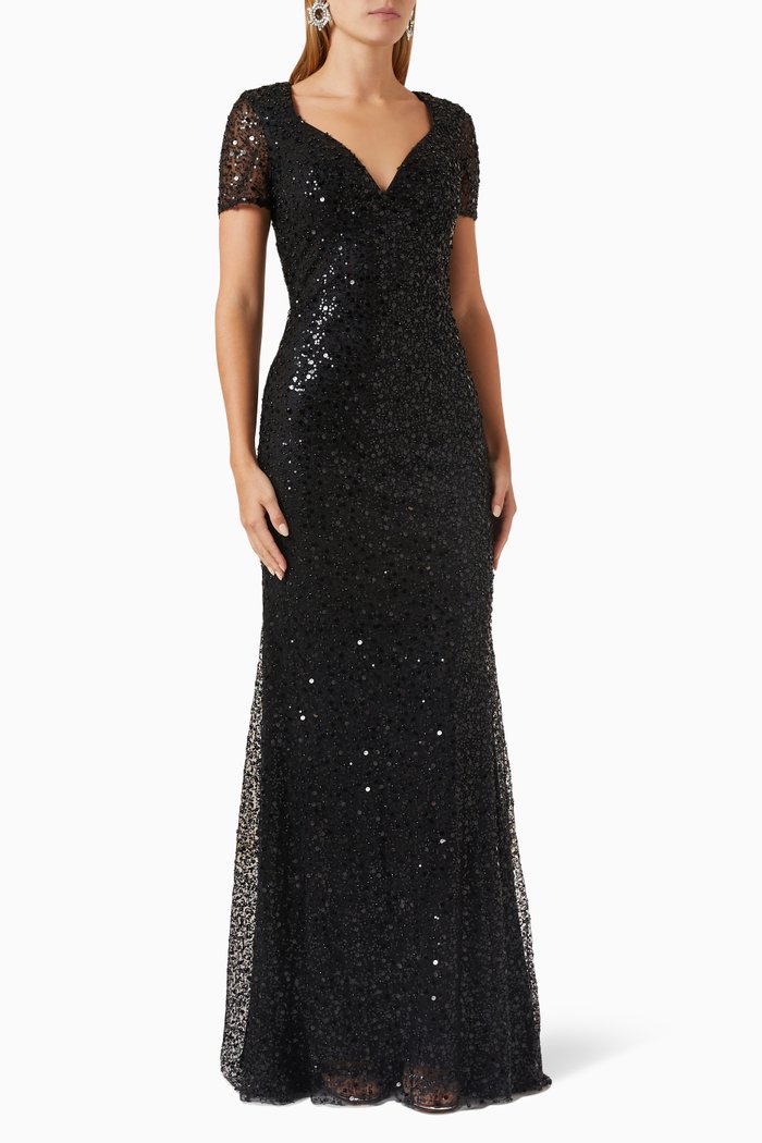 

Sequin-embellished V-neck Gown, Black