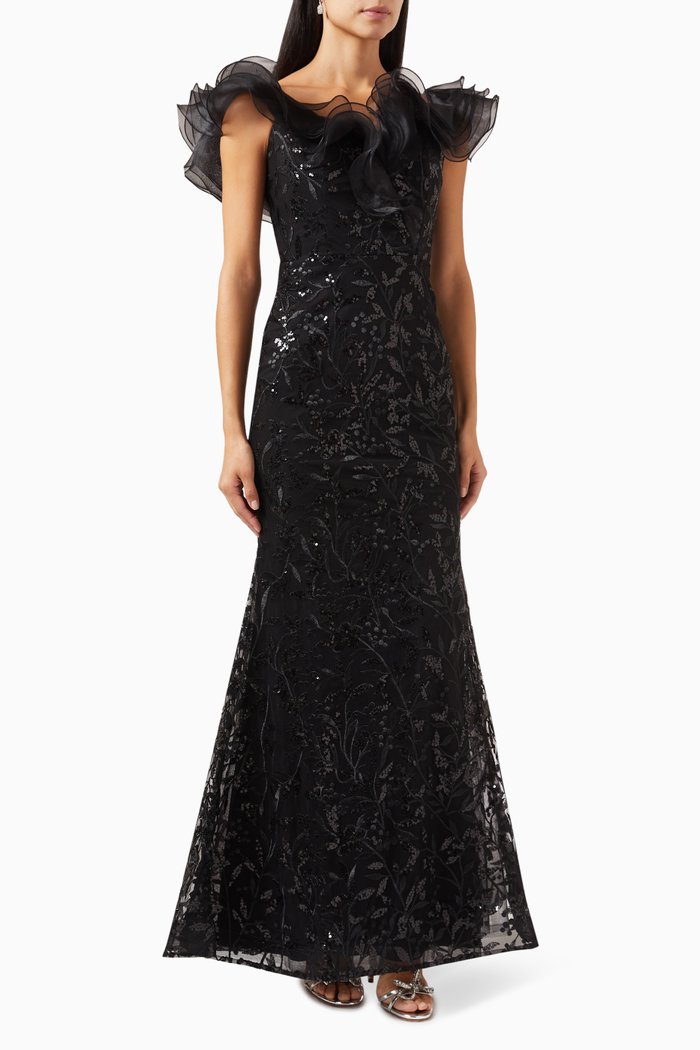 

Sequin-embellished Ruffled Gown, Black