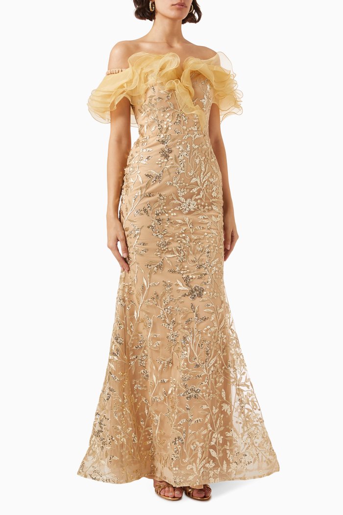 

Sequin-embellished Ruffled Gown, Gold