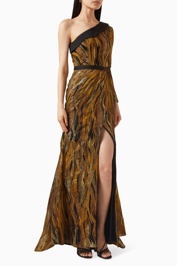 

One-shoulder Embroidered Gown in Metallic Voile, Gold