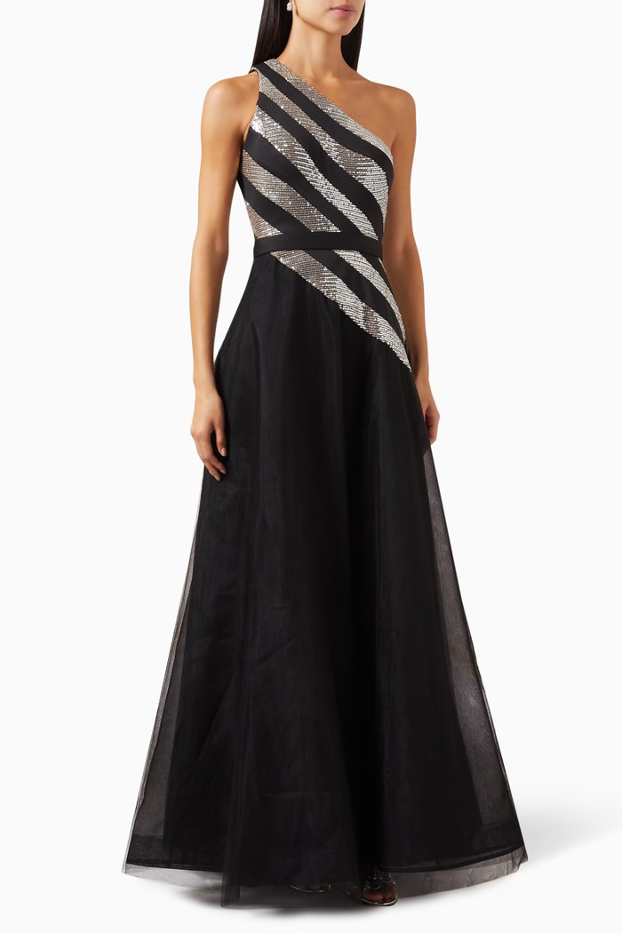 

Sequin-embellished One-shoulder Gown, Black