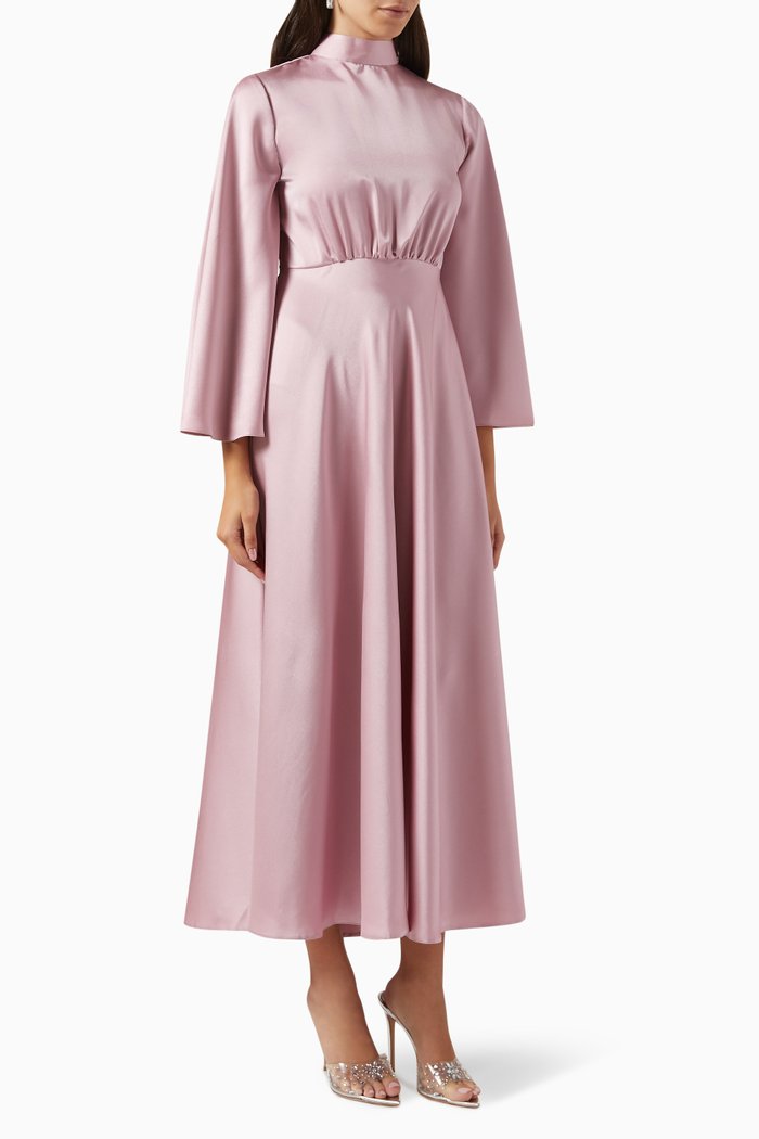 

Button-front Maxi Dress in Satin, Pink