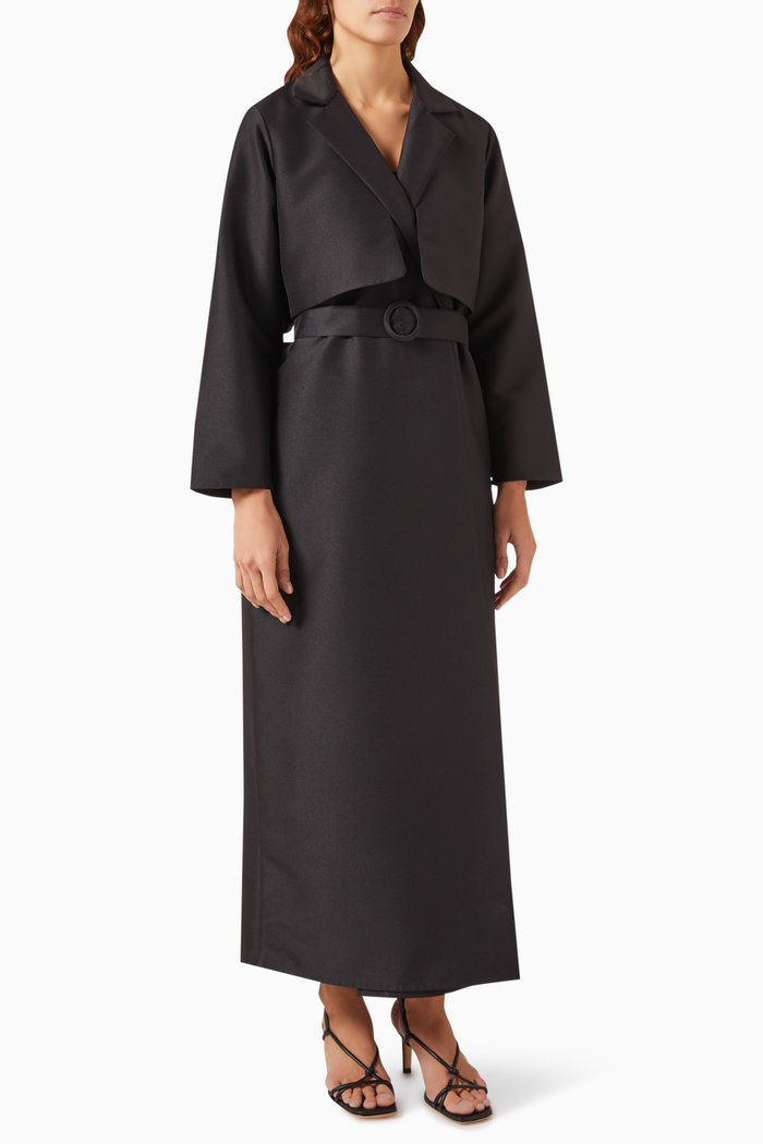 Belted Abaya Jacket in Satin, Black