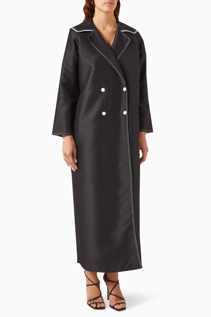 

Topstitched Trench Coat in Satin, Black